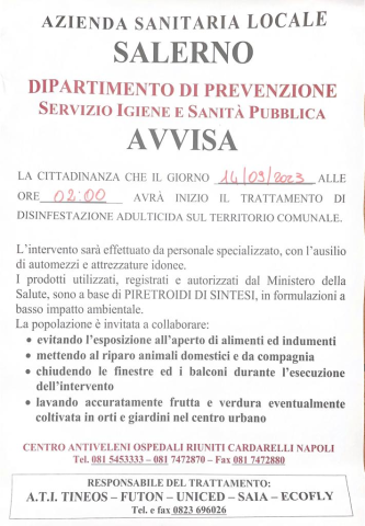 Trattamento disinfestazione adulticida sul territorio comunale di Sant'Arsenio